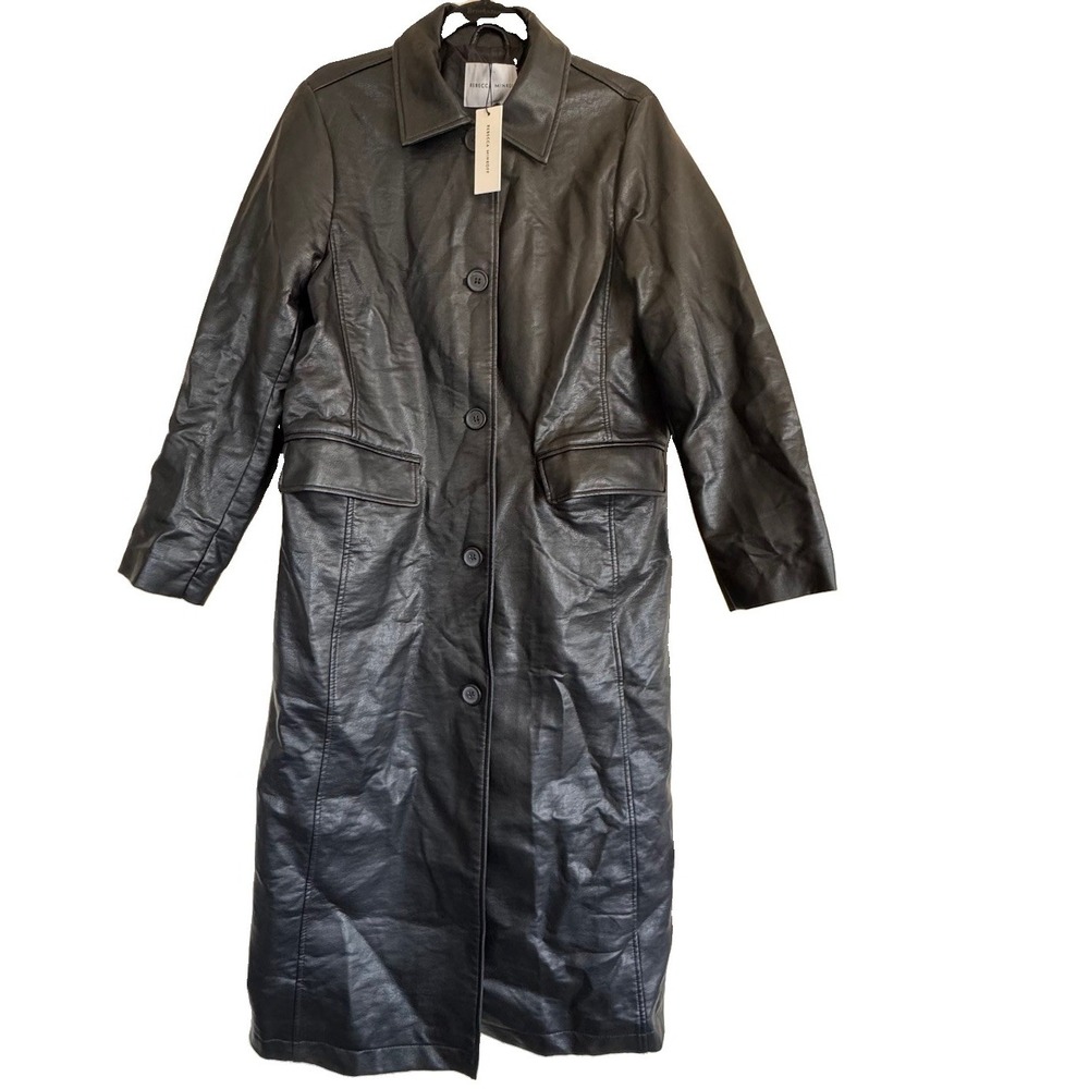 Rebecca Minkoff Black Faux Leather Mod Trench Coat Long Belted Jacket Size M NWT